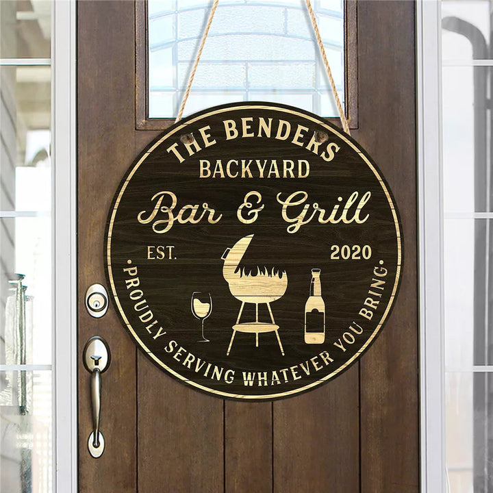 Round Wooden Backyard Bar & Grill Sign Custom Round Wood Sign | Home Decoration | Waterproof | WN1377-Gerbera Prints.