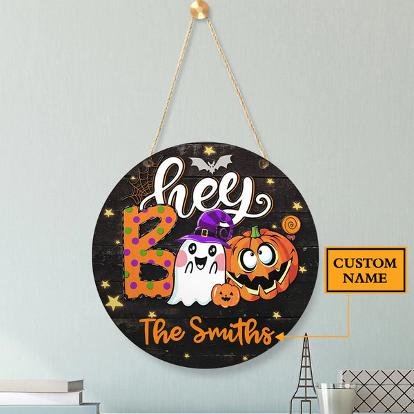 Round Wooden Boo Halloween Custom Round Wood Sign | Home Decoration | Waterproof | WN1387-Gerbera Prints.