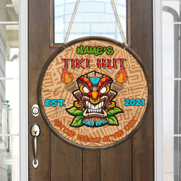 Round Wooden Tiki Hut Sign Custom Round Wood Sign | Home Decoration | Waterproof | WN1378-Gerbera Prints.