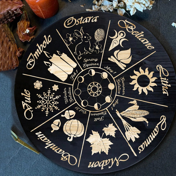 Sabbat Wheel Of The Year Pagan Halloween Door Hanger Round Wood Sign | Home Decoration | Waterproof | WS1206-Colorful-Gerbera Prints.