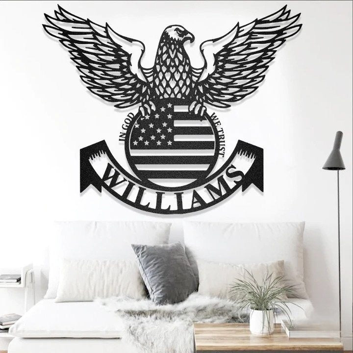 Sanford Sea Eagle American Flag Independence Day In god We trust Personalized Custom Name Laser Cut Metal Signs