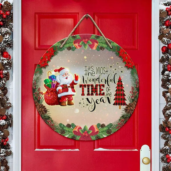 Santa Claus Christmas It'S The Most Beautiful Time Of The Year Round Wood Sign | Home Decoration | Waterproof | WS1192-Colorful-Gerbera Prints.