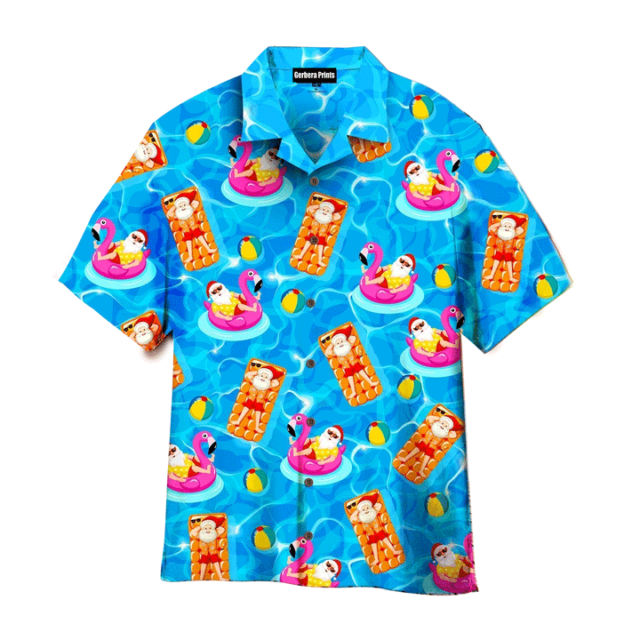 Santa Claus In July In Swimming Pool Flamingo Float Pattern Blue Aloha Hawaiian Shirts For Men And For Women WT2111