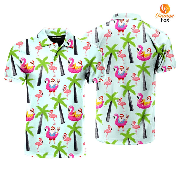Santa Claus With Flamingo Christmas In July Polo Shirt For Men