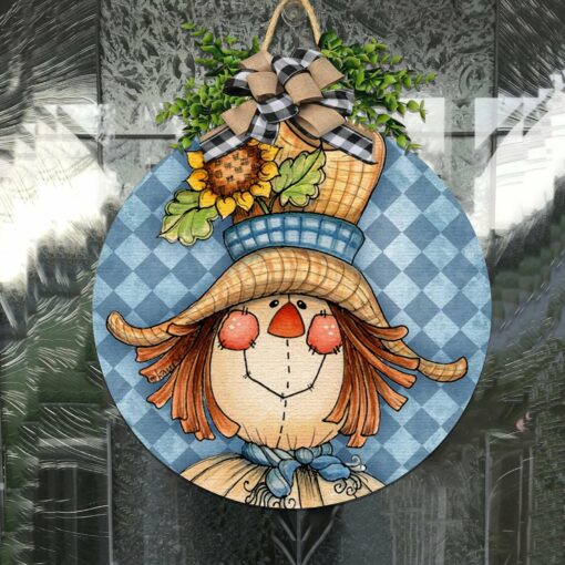 Scarecrow Face Round Sign Home Decor Round Wood Sign | Home Decoration | Waterproof | WS1315-Colorful-Gerbera Prints.