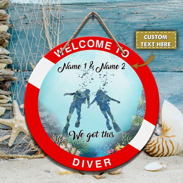 Scuba Diver 1 Custom Round Wood Sign | Home Decoration | Waterproof | WN1059-Colorful-Gerbera Prints.