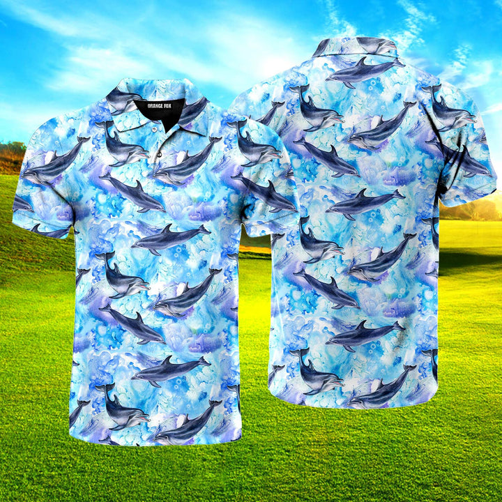 Sea Blue Seamless Pattern With Dolphins Polo Shirt For Men