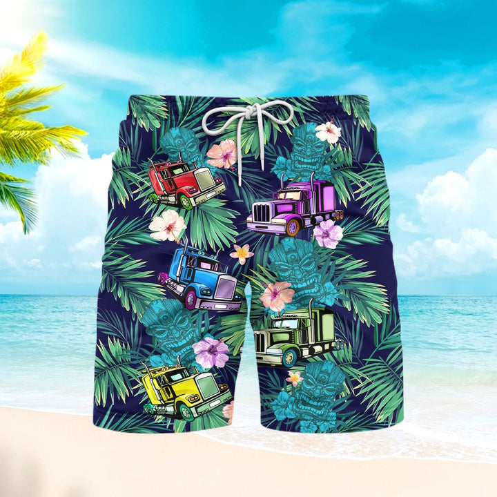 Semi Trailer Truck Tiki Tropical Beach Shorts For Men