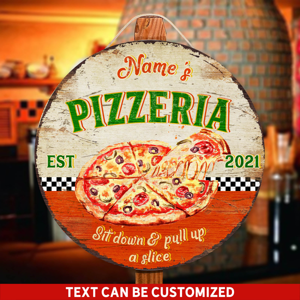Sit Down Pull Up A Slice Pizzeria Custom Round Wood Sign | Home Decoration | Waterproof | WN1243-Colorful-Gerbera Prints.