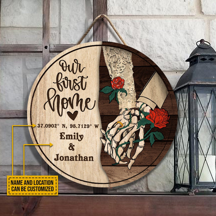 Skeleton Our First Home Custom Round Wood Sign | Home Decoration | Waterproof | WN1548-Gerbera Prints.