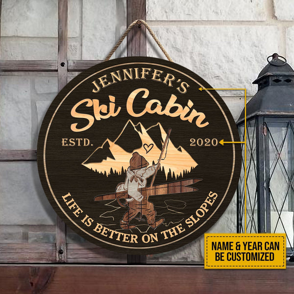 Skiing Cabin Life Is Better Custom Round Wood Sign | Home Decoration | Waterproof | WN1436-Colorful-Gerbera Prints.