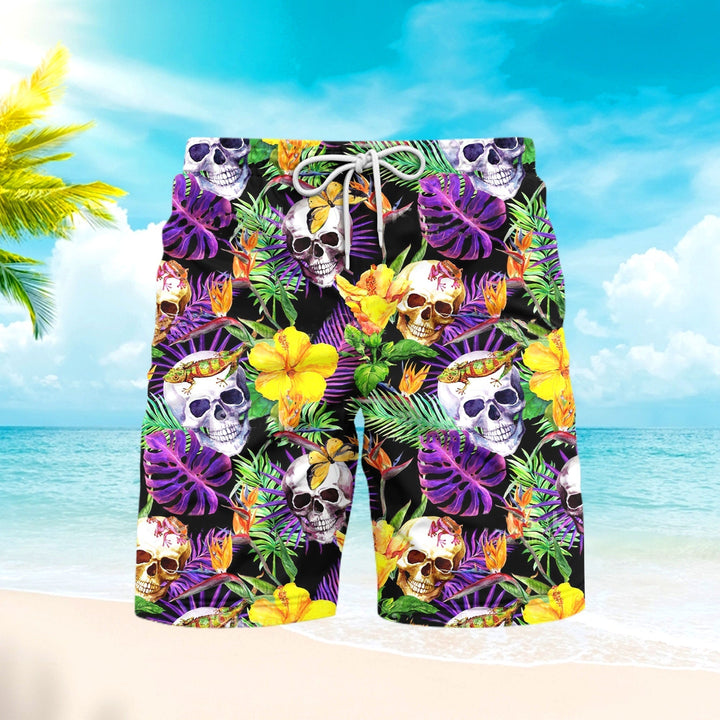 Skull Tropical Purple Beach Shorts For Men