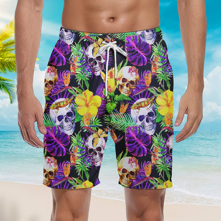 Skull Tropical Purple Beach Shorts For Men