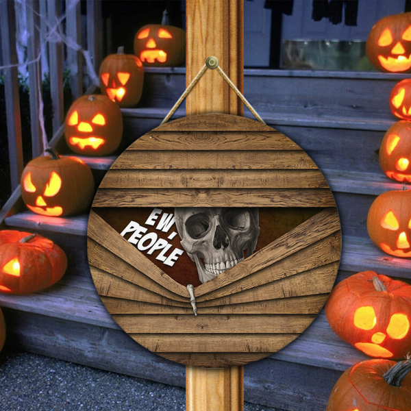 Skull Welcome Halloween Sample Round Wood Sign | Home Decoration | Waterproof | WS1089-Colorful-Gerbera Prints.