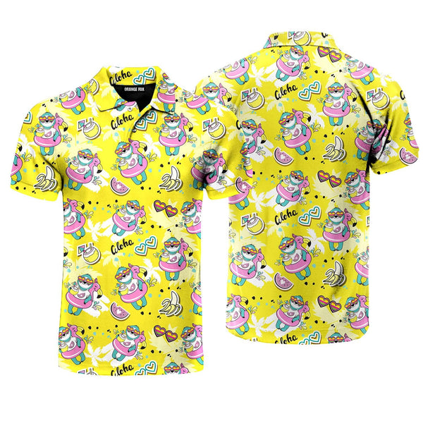 Sloth With Flamingo Circle On A Yellow Beach Polo Shirt For Men