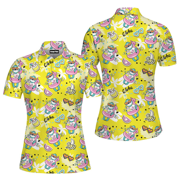 Sloth With Flamingo Circle On A Yellow Beach Polo Shirt For Women