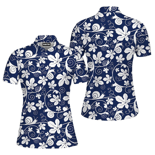 Snails On The Vine White Blue Floral Polo Shirt For Women