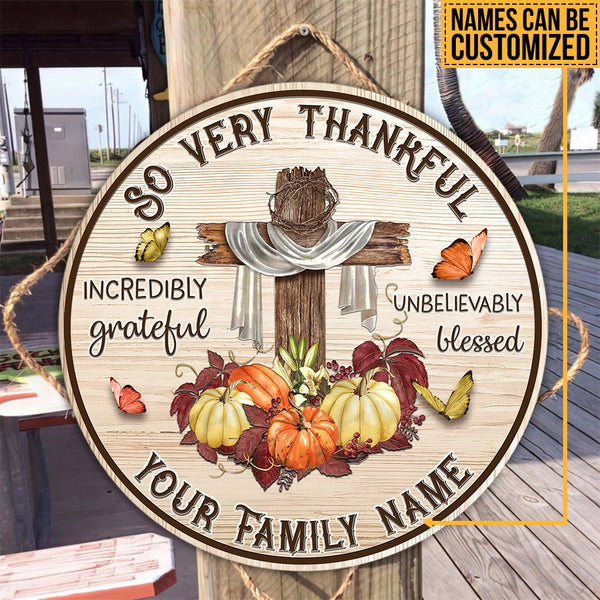 So Very Thankful Christian Custom Round Wood Sign | Home Decoration | Waterproof | WN1164-Colorful-Gerbera Prints.