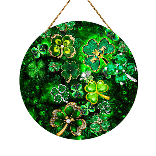 St Patrick's Day Green Shamrock Aloha Round Wood Sign | Home Decoration | Waterproof | WS1379-Colorful-Gerbera Prints.