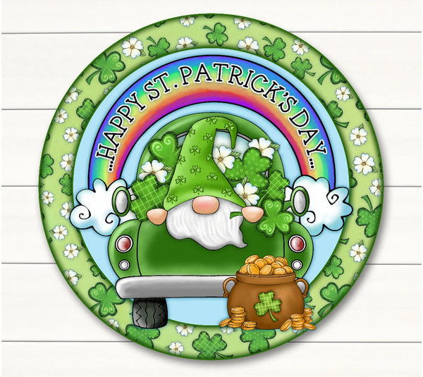 St. Patrick's Day Gnome Truck Round Wood Sign | Home Decoration | Waterproof | WS1381-Colorful-Gerbera Prints.