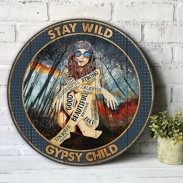 Stay Wild Gypsy Child Hippie Door Hanger Round Wood Sign | Home Decoration | Waterproof | WS1205-Colorful-Gerbera Prints.