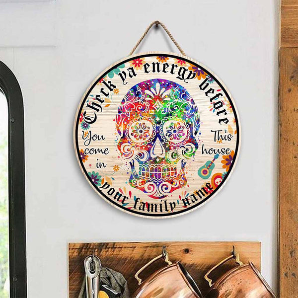 Sugar Skull Day Of The Dead Halloween Custom Round Wood Sign | Home Decoration | Waterproof | WN1603-Colorful-Gerbera Prints.