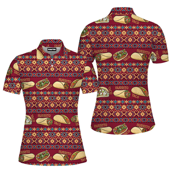 Taco And Burrito Mexican Pattern Polo Shirt For Women