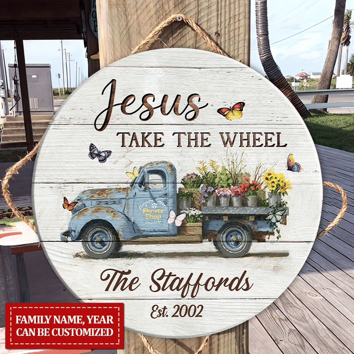 Take The Wheel Custom Round Wood Sign | Home Decoration | WN1588-Colorful-Gerbera Prints.