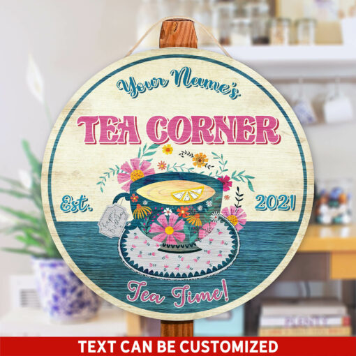 Tea Corner Custom Round Wood Sign | Home Decoration | Waterproof | WN1134-Colorful-Gerbera Prints.