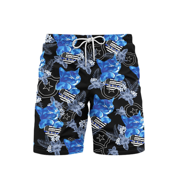 Thin Blue Cat Line With America Flag Beach Shorts For Men