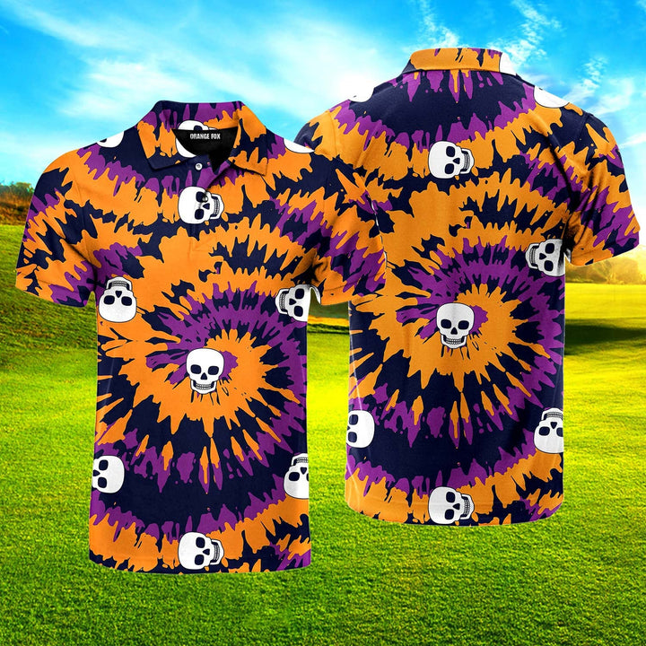 Tie Dye With Skull Pattern Polo Shirt For Men
