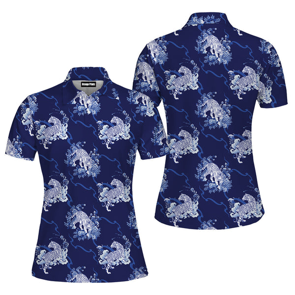 Tiger Walking In Flower Pattern Polo Shirt For Women