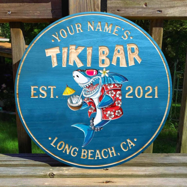 Tiki Bar Shark Coconut Juice Custom Round Wood Sign | Home Decoration | Waterproof | WN1463-Gerbera Prints.