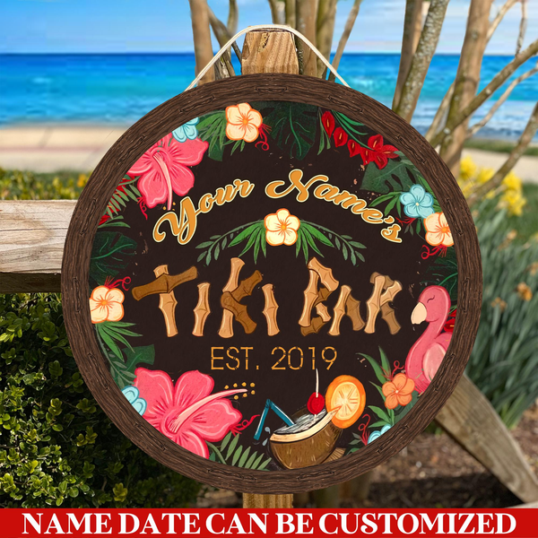 Tiki Bar Tropical Custom Round Wood Sign | Home Decoration | Waterproof | WN1337-Colorful-Gerbera Prints.
