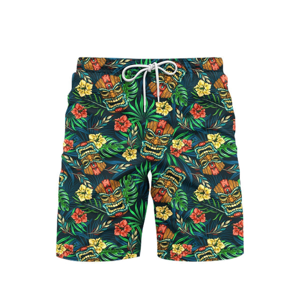 Tiki Green Flowers Tropical Beach Shorts For Men