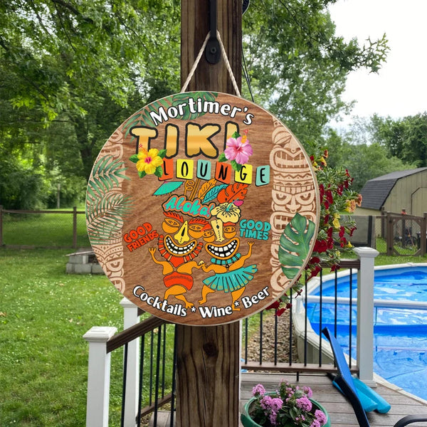 Tiki Lounge Beach Sign for Bars, Backyard, Pools, Patio, Restaurants Custom Round Wood Sign | Home Decoration | Waterproof | WN1417-Gerbera Prints.