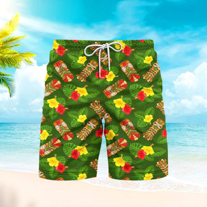 Tiki Mask Hibiscus Flowers Tropical Summer On Paradise Beach Beach Shorts For Men