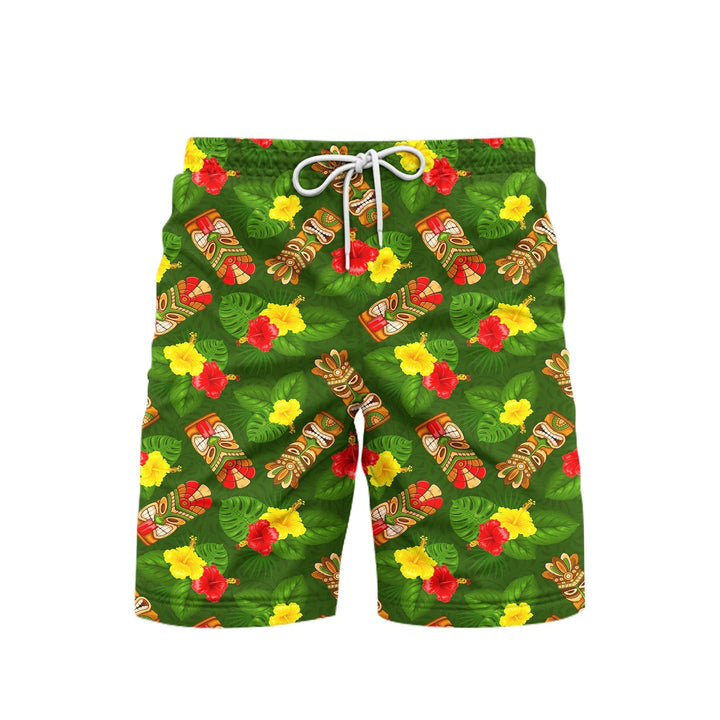 Tiki Mask Hibiscus Flowers Tropical Summer On Paradise Beach Beach Shorts For Men