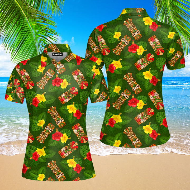 Tiki Mask Hibiscus Flowers Tropical Summer On Paradise Beach Polo Shirt For Women