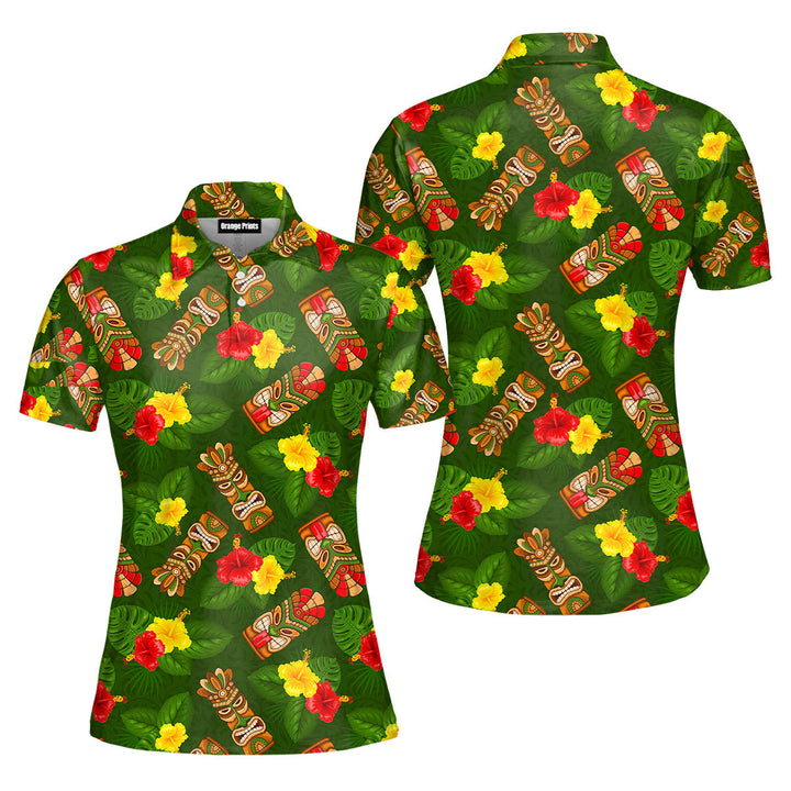 Tiki Mask Hibiscus Flowers Tropical Summer On Paradise Beach Polo Shirt For Women