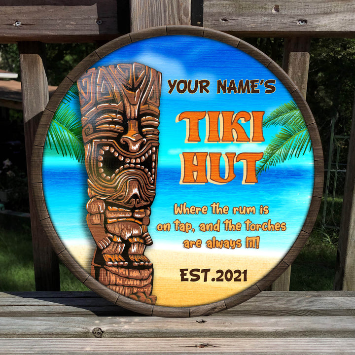Tiki Statue Where The Rum Is Always On Tap Custom Round Wood Sign | Home Decoration | Waterproof | WN1141-Colorful-Gerbera Prints.
