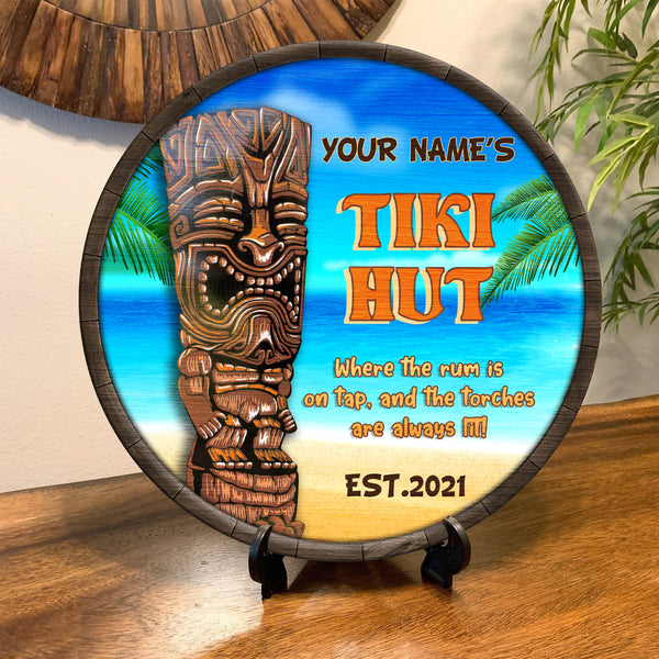 Tiki Statue Where The Rum Is Always On Tap Custom Round Wood Sign | Home Decoration | Waterproof | WN1141-Gerbera Prints.