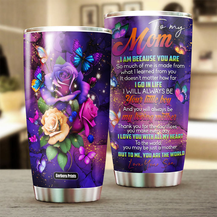 To My Mom From Son Rose Flowers Butterfly Mother's Day Stainless Steel Tumbler Cup Travel Mug TC7100-Gerbera Prints.