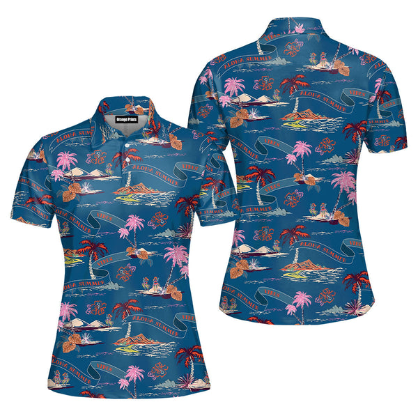 Trendy Tropical Island On Dark Ocean Blue Palm Trees Beach Polo Shirt For Women