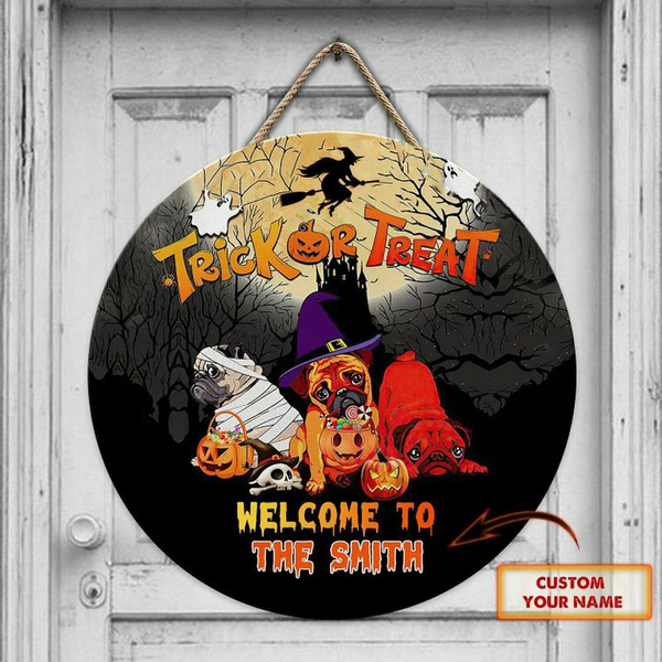 Trick Or Treat Halloween Custom Round Wood Sign | Home Decoration | Waterproof | WN1028-Colorful-Gerbera Prints.