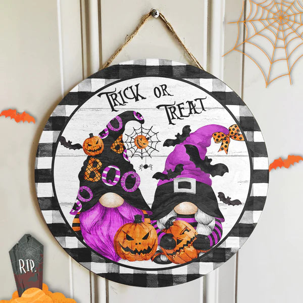 Trick Or Treat Halloween Round Wood Sign | Home Decoration | Waterproof | WS1244-Colorful-Gerbera Prints.