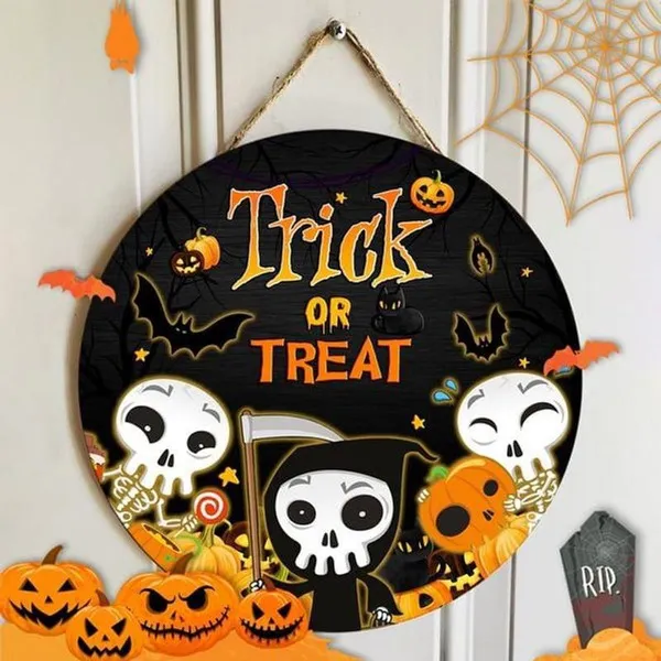 Trick Or Treat Halloween Round Wood Sign | Home Decoration | Waterproof | WS1376-Colorful-Gerbera Prints.