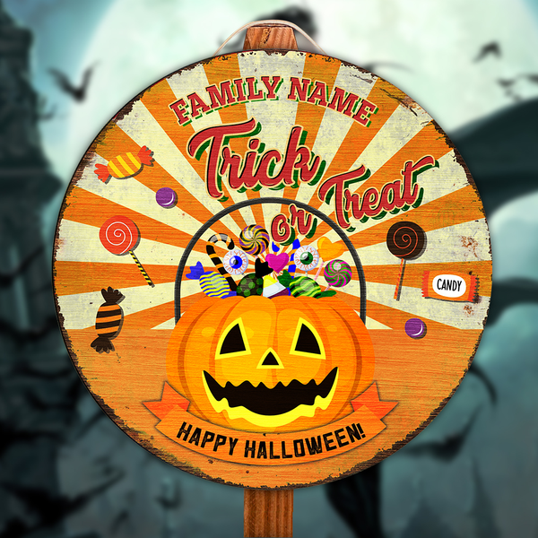 Halloween Decorations Trick Or Treat Jack O Lantern Custom Round Wood Sign | Home Decoration | Waterproof | WN1126-Colorful-Gerbera Prints.