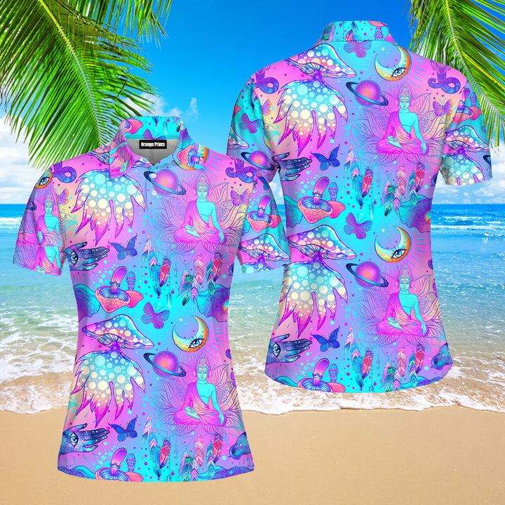 Trippy Hippie Mushrooms Neon Peace Polo Shirt For Women