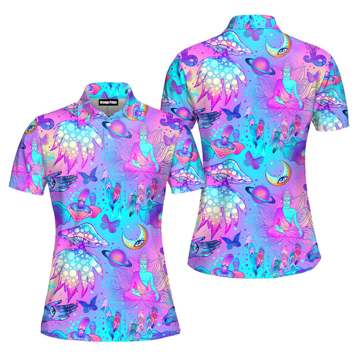 Trippy Hippie Mushrooms Neon Peace Polo Shirt For Women